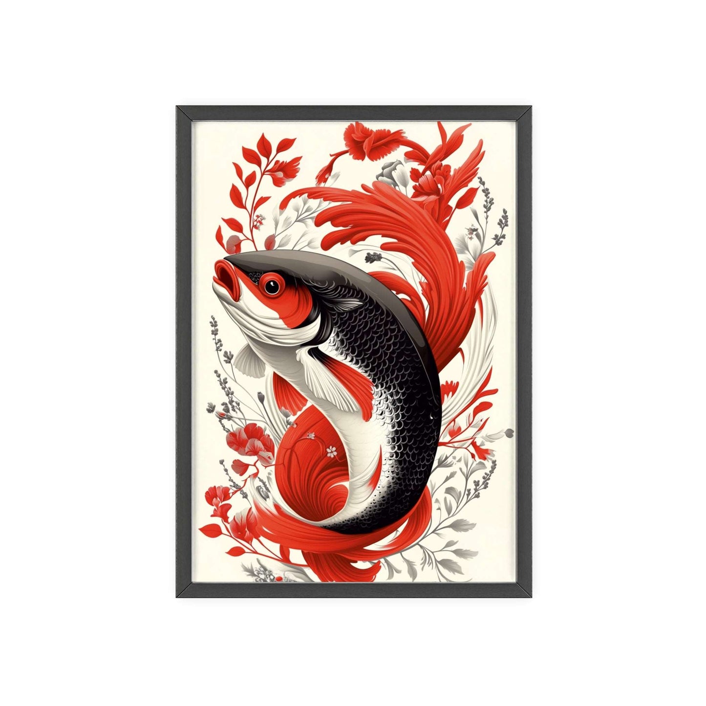 Framed poster of a stylized salmon surrounded by vibrant red flowers.