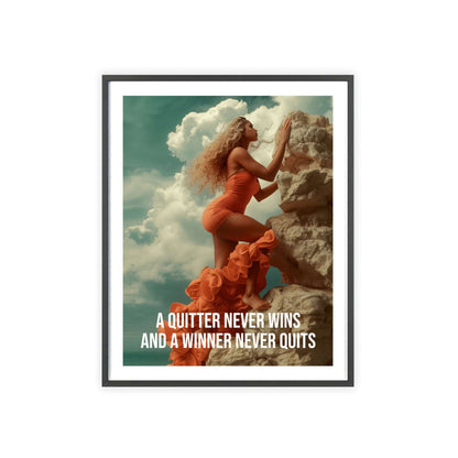 Woman scaling a rock face, gaze fixed on the summit, motivational quote "A Quitter Never Wins" by Napoleon Hill