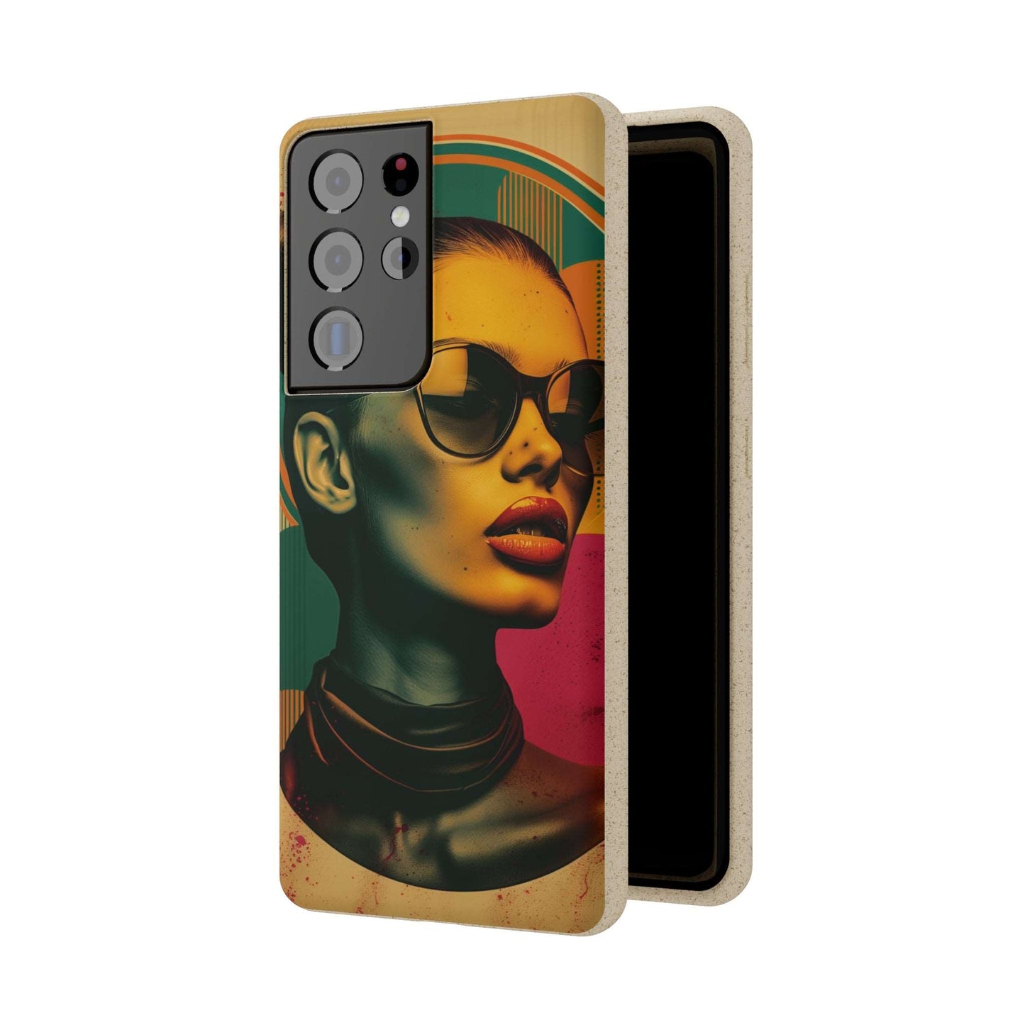 Rome-inspired biodegradable phone case with Mediterranean hues and a retro portrait, compatible with iPhone and Samsung models.