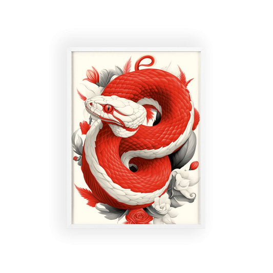 Framed poster featuring a stylized viper among vibrant red flowers.