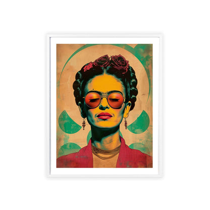 Framed poster featuring a high-resolution vector illustration of Frida Kahlo in a Brian Kesinger-inspired style. Frida has a bold, flat color design with high contrast and wears rose-colored sunglasses. The background is flat and uses warm tones. The poster is centered in the composition.