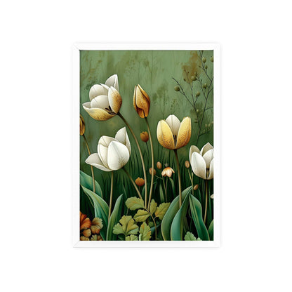 Vintage-style framed poster featuring delicate tulip blooms in soft, muted colors