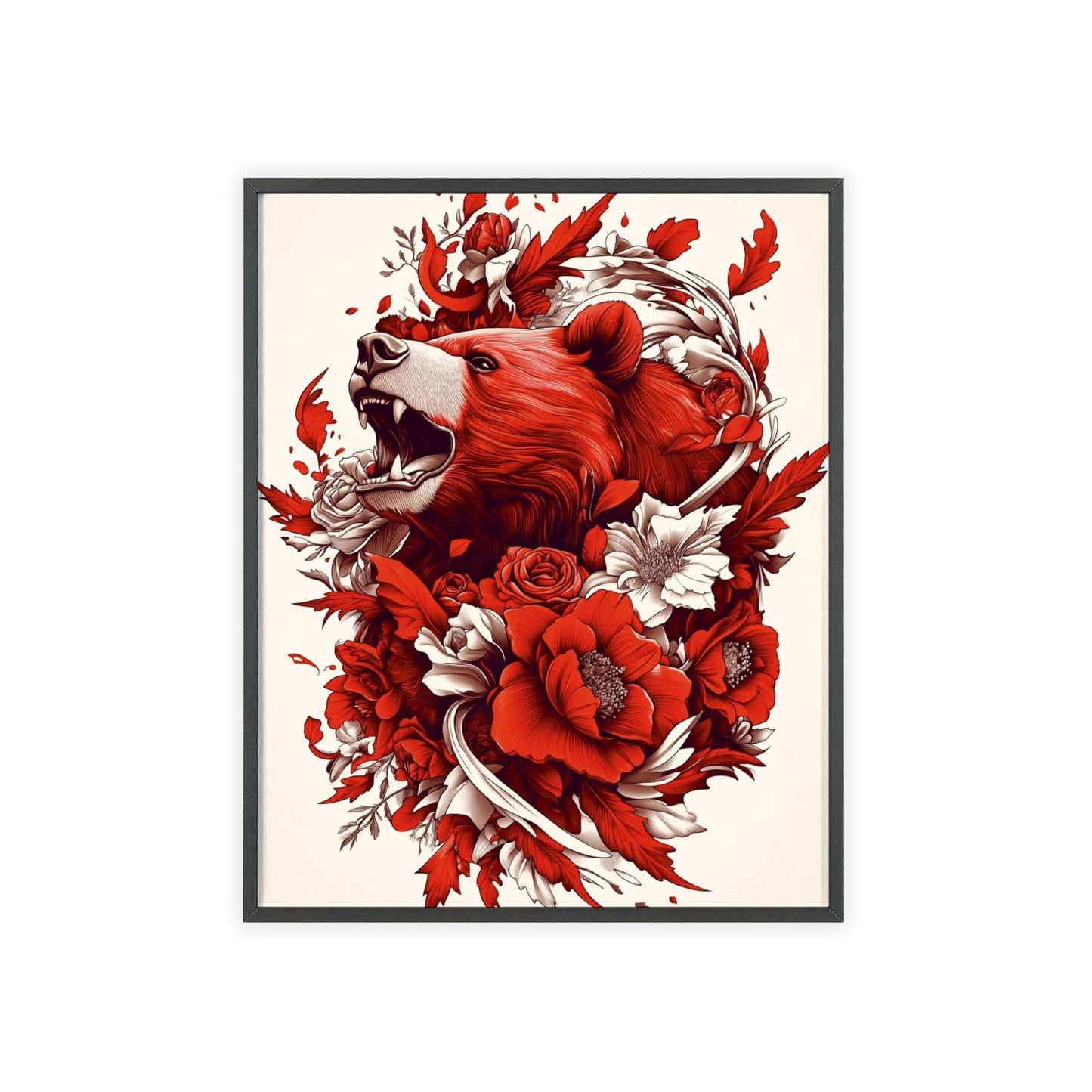 Framed poster of a stylized bear surrounded by red flowers