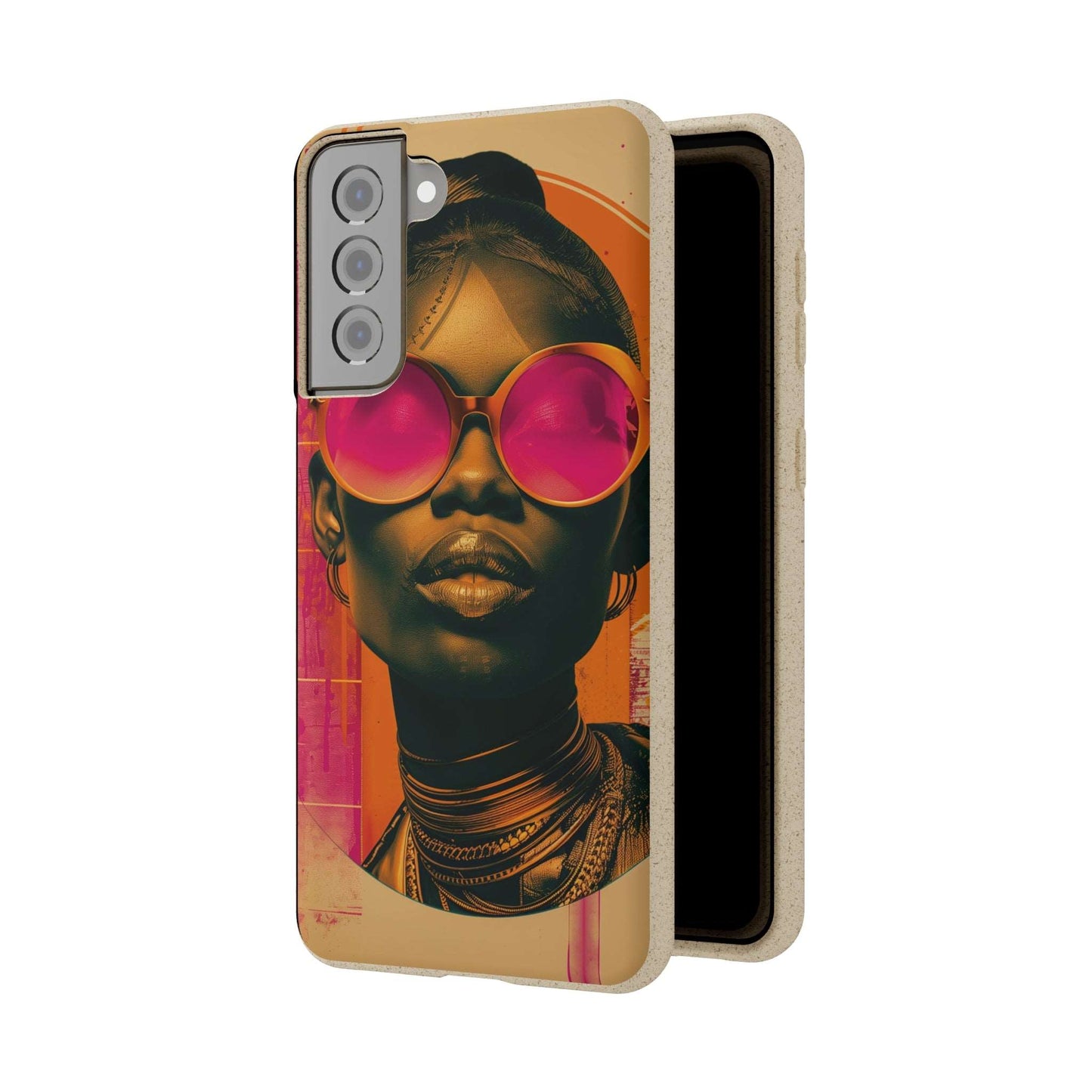 Lagos-inspired phone case with bold African motifs and biodegradable materials, compatible with iPhone and Samsung models.