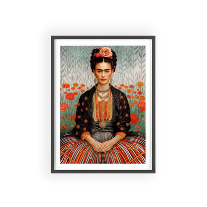 Minimalist poster featuring Frida Kahlo sitting in a field of flowers.  The poster is black and white, with a focus on Frida's powerful gaze and unibrow.  The poster is framed.