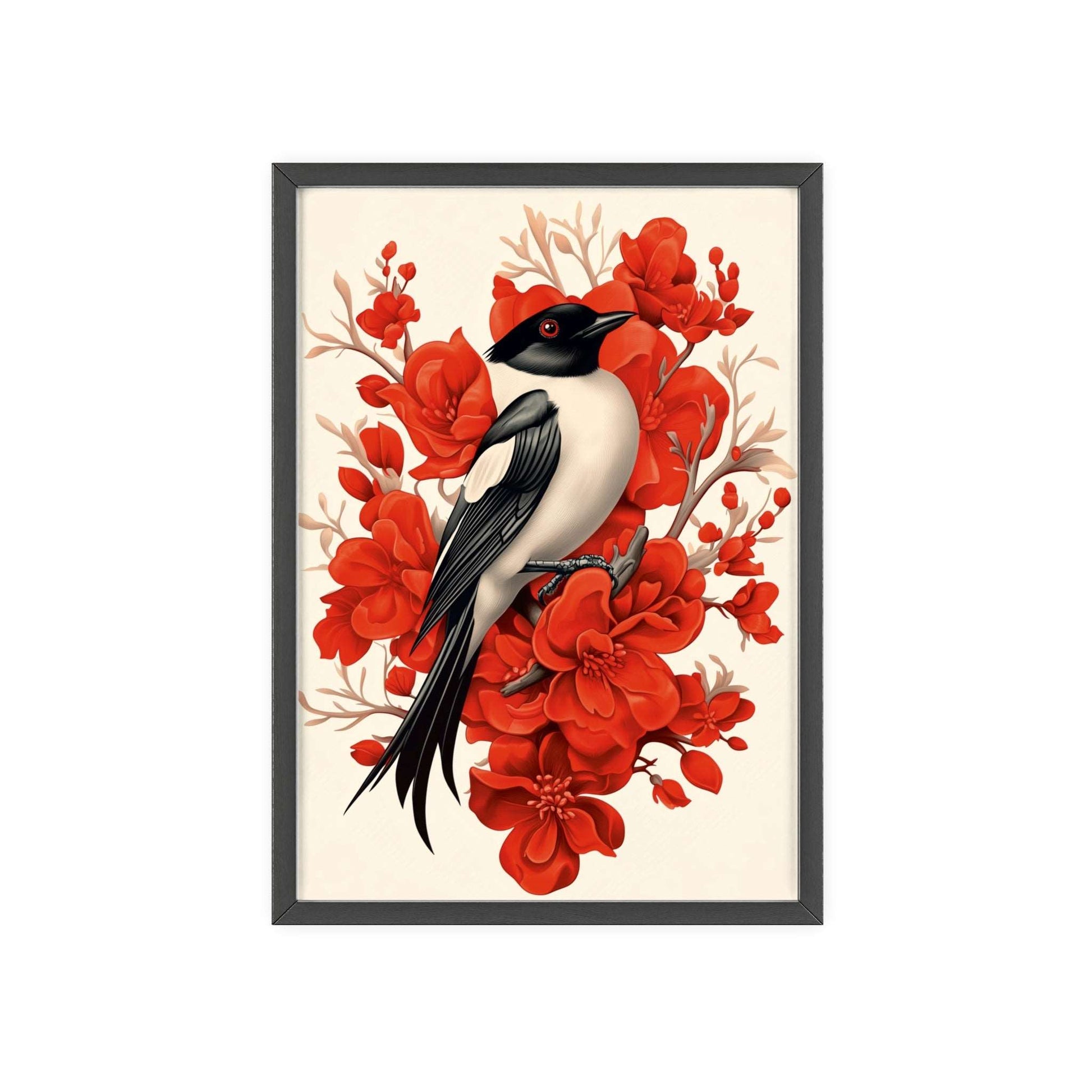 Framed poster featuring a stylized magpie surrounded by red flowers