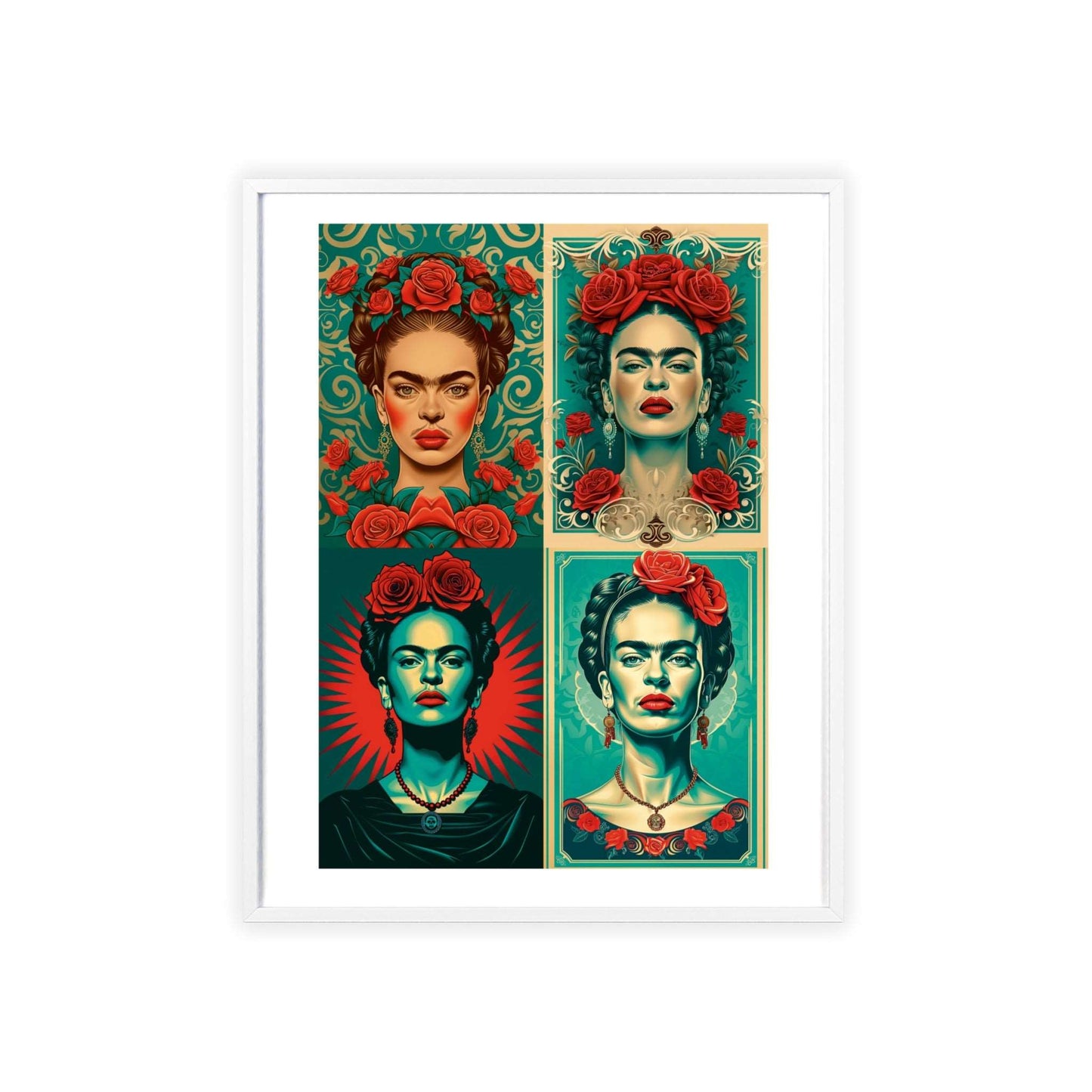 Framed poster featuring four separate Art Deco-inspired vector illustrations of Frida Kahlo. Each illustration uses a turquoise and red color palette and depicts Frida adorned with roses. The designs are detailed and flat, reminiscent of Dan Mumford's style.