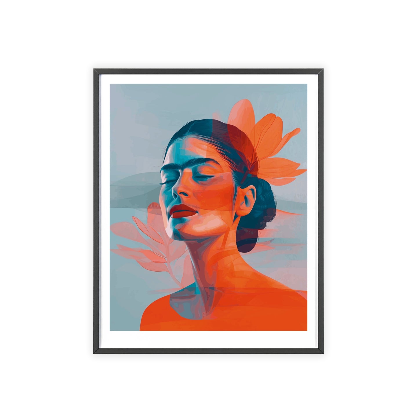 Framed poster featuring a high-resolution, minimalist portrait of Frida Kahlo with closed eyes. The portrait uses a double exposure effect with a background of orange and blue gradient leaves. The artwork is in a flat design style with smooth lines and geometric shapes.