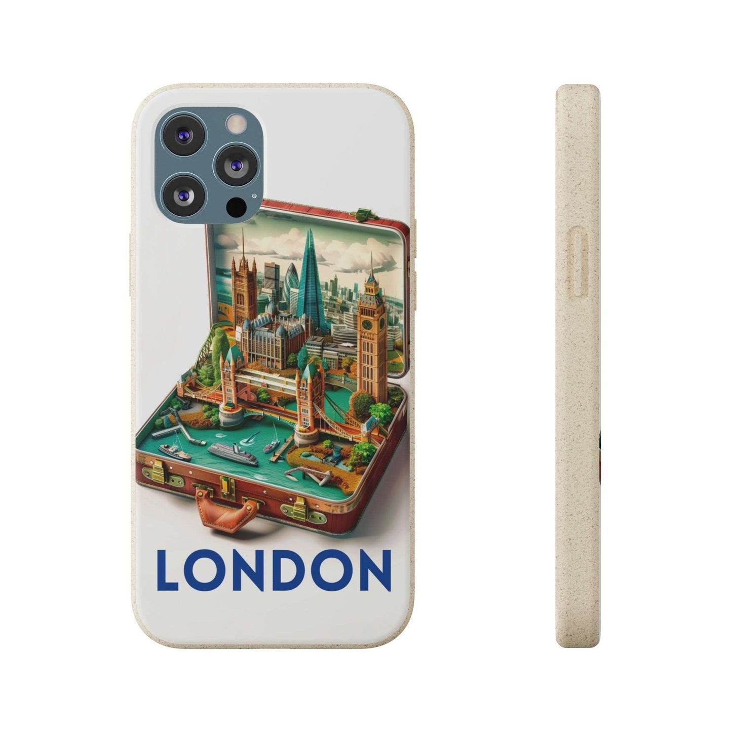 London phone case made from sustainable plant-based materials and bamboo fibers. Biodegradable and wireless charging compatible