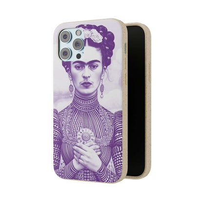 Stylish violet biodegradable phone case featuring an artistic portrait of Frida Kahlo.