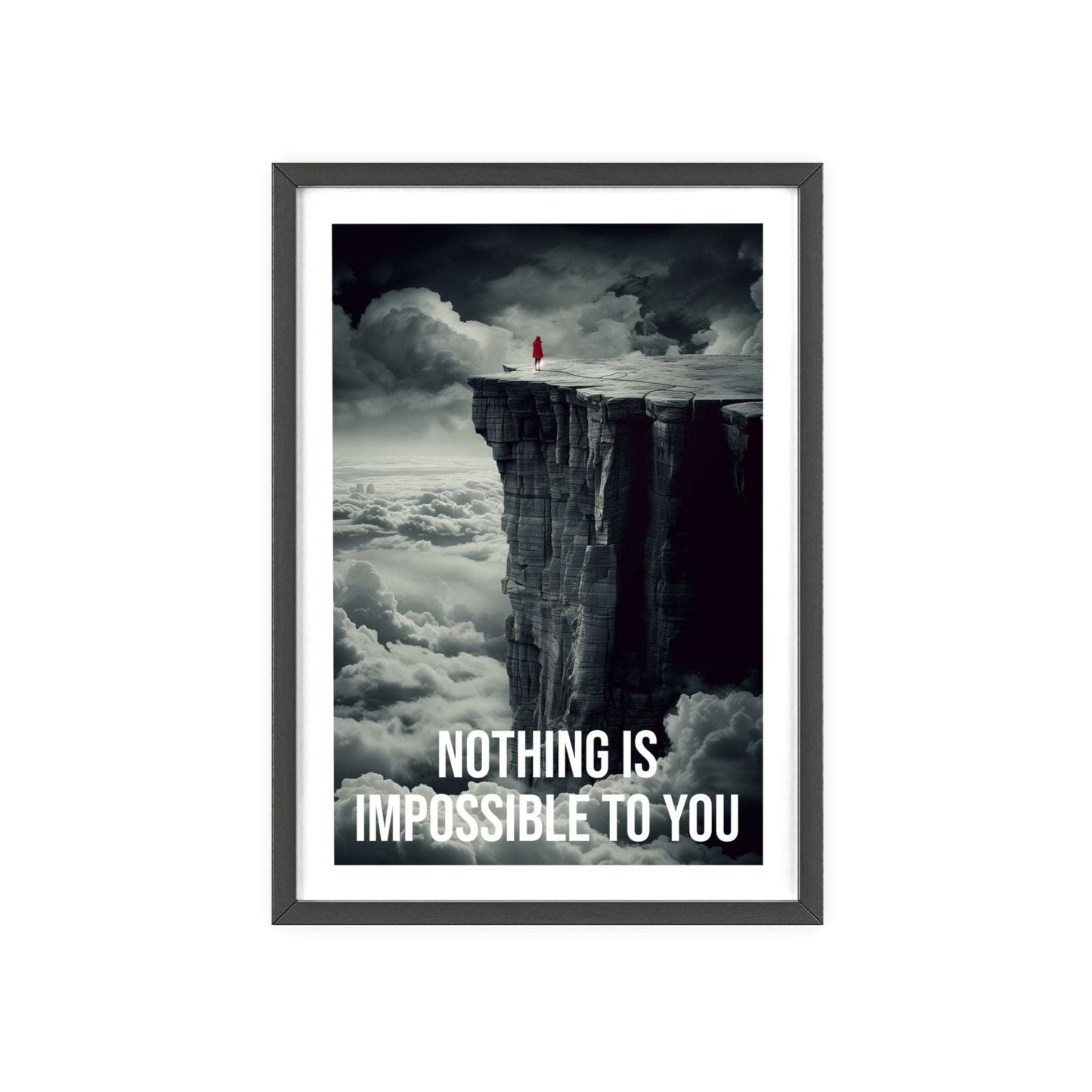 Surreal minimalist art print featuring a silhouette climbing a cliff, with Neville Goddard quote "Nothing is impossible to you"