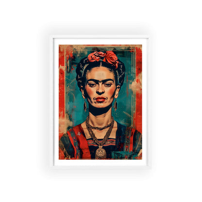 Framed poster featuring a portrait of Frida Kahlo in the style of Shepard Fairey. Frida has red lips, black eyeliner, and wears vibrant traditional Mexican clothing. The background has a distressed vintage texture