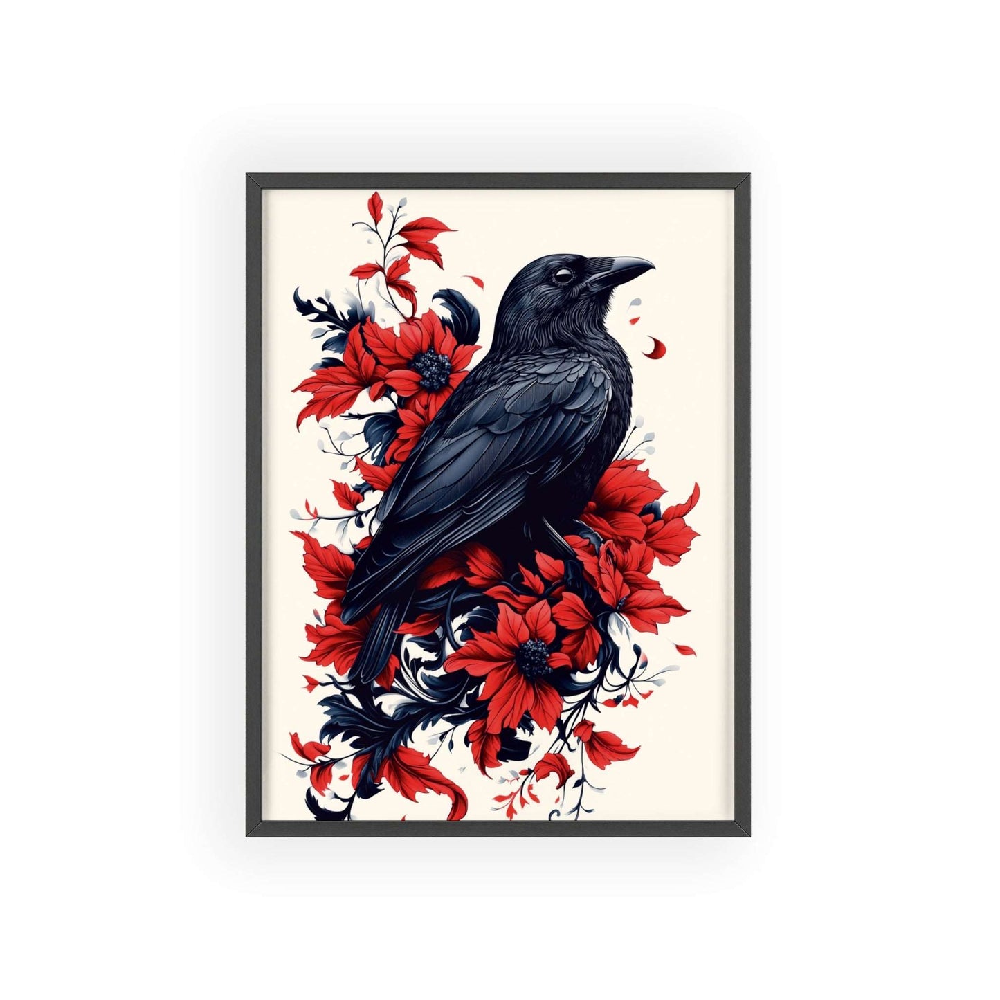 Framed poster of a stylized crow amidst vibrant red flowers.