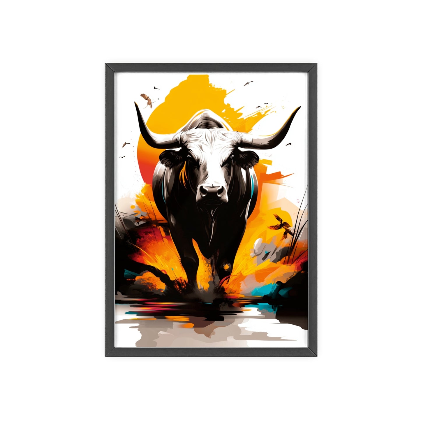 Vibrant digital illustration of a mystical bull featuring geometric shapes and bold colors, part of the Mystical Beasts Collection framed poster series.