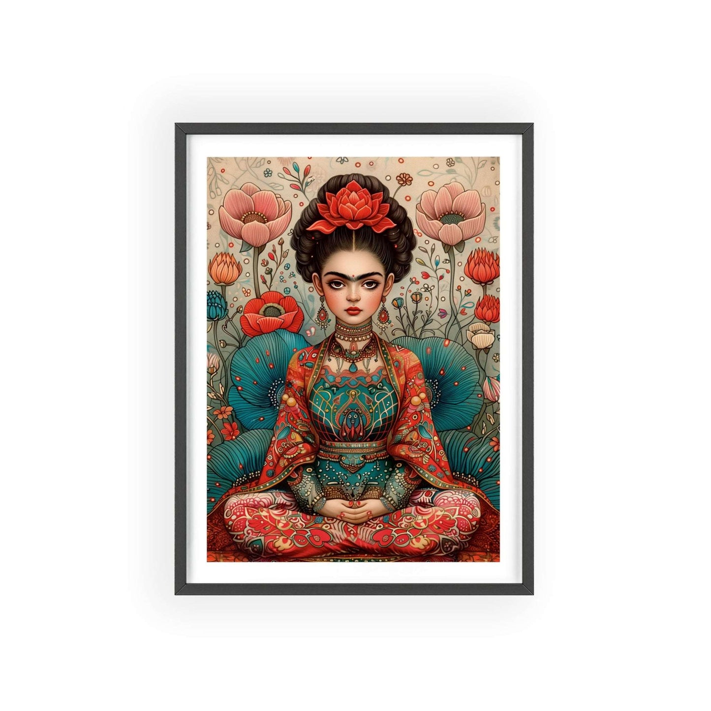 Framed poster featuring a young Frida Kahlo in a meditative pose. She is depicted in a modern vector design with a muted color palette.