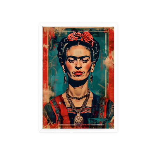 Framed poster featuring a portrait of Frida Kahlo in the style of Shepard Fairey. Frida has red lips, black eyeliner, and wears vibrant traditional Mexican clothing. The background has a distressed vintage texture