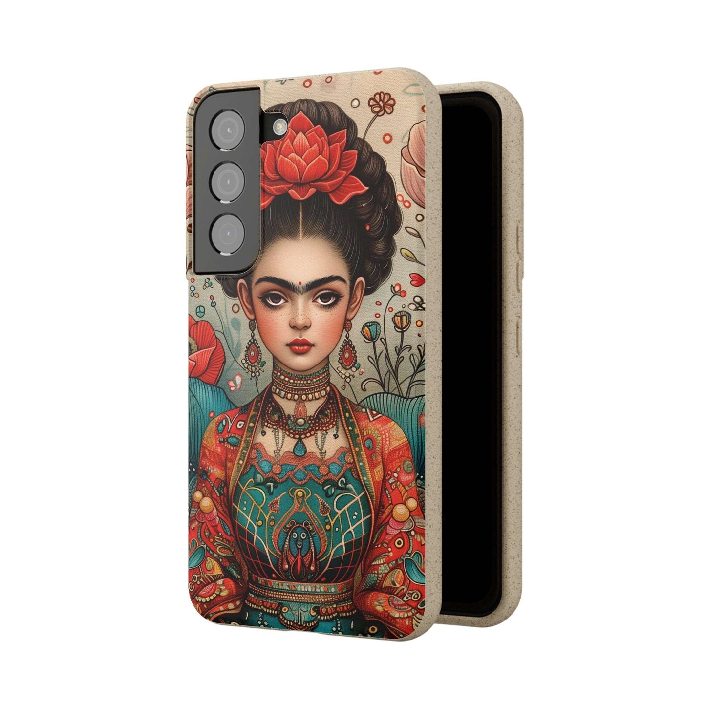 Artistic biodegradable phone case featuring a young Frida Kahlo in meditation, rendered in a modern style