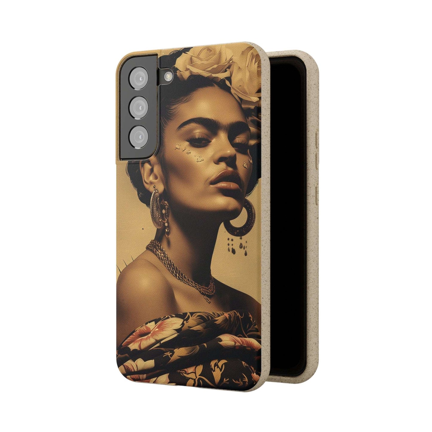 Biodegradable phone case with Frida Kahlo's Cancun 1927 portrait in vintage style.