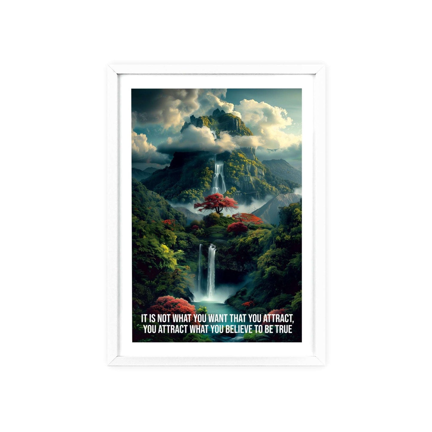 Surreal minimalist art print featuring a powerful waterfall in a lush jungle, with Neville Goddard quote "You attract what you believe to be true"