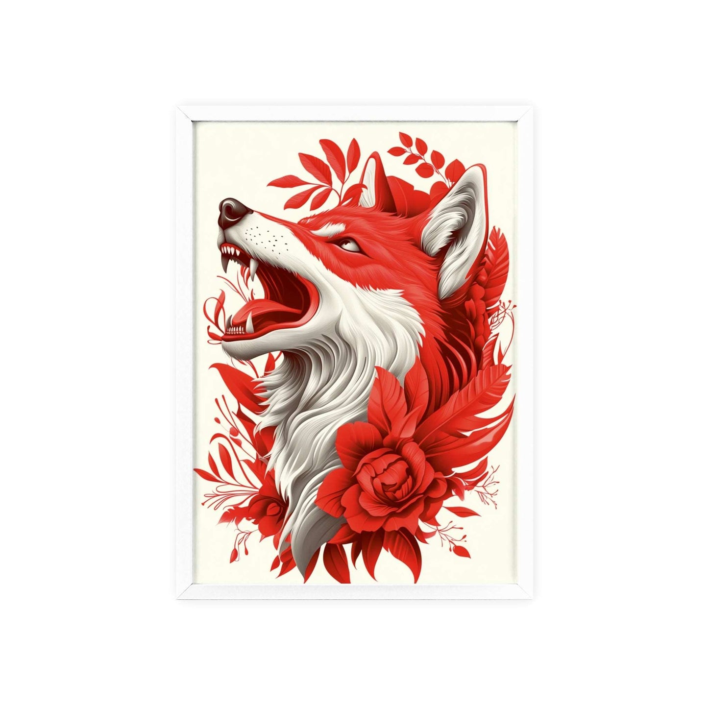 Framed poster of a stylized wolf amidst vibrant red flowers.