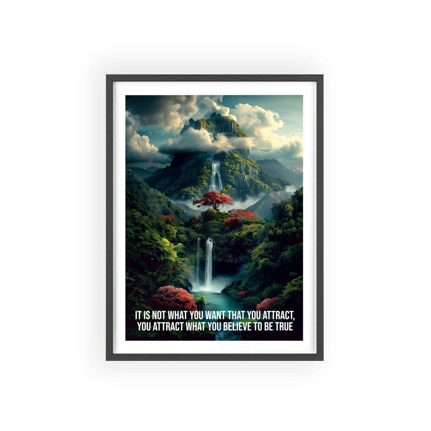 Surreal minimalist art print featuring a powerful waterfall in a lush jungle, with Neville Goddard quote "You attract what you believe to be true"