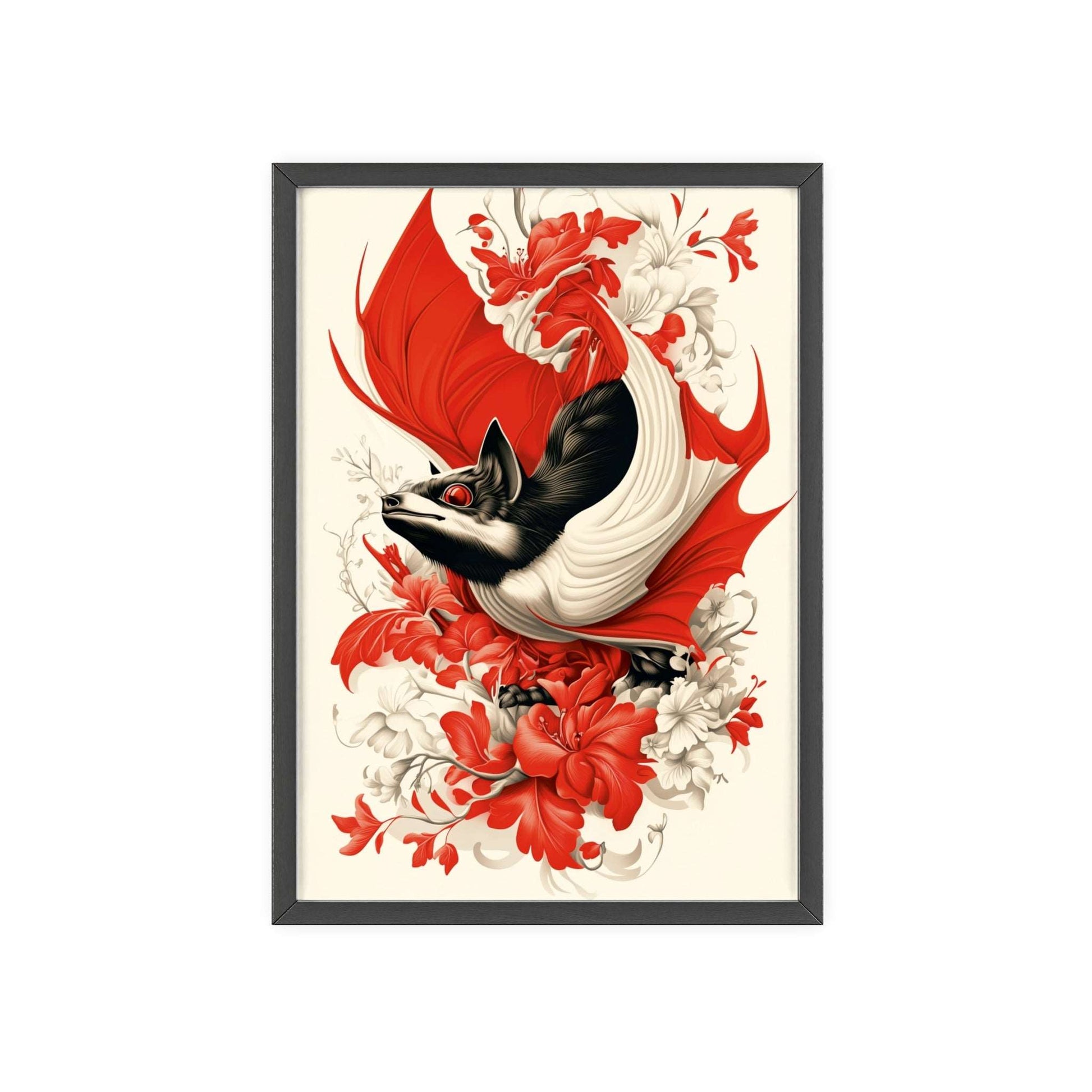 Framed poster featuring a stylized bat amidst vibrant red flowers