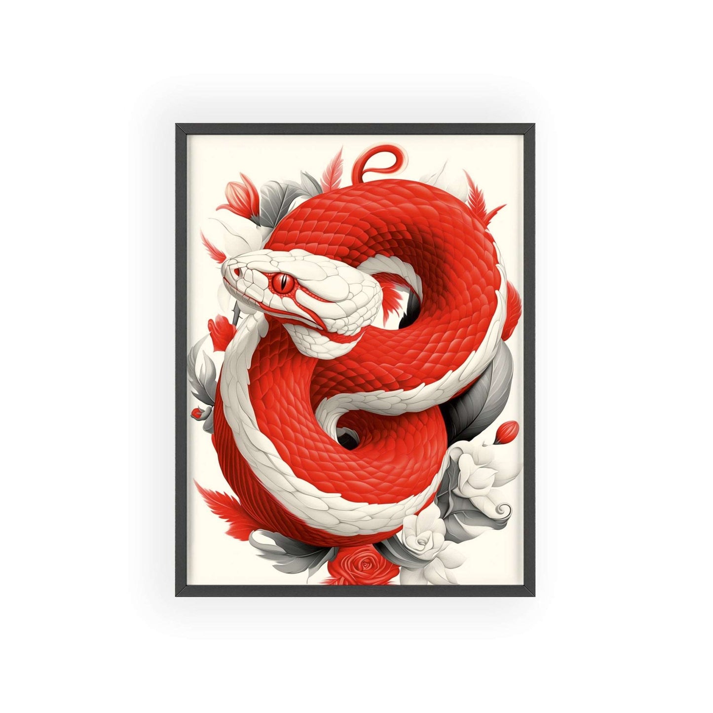 Framed poster featuring a stylized viper among vibrant red flowers.