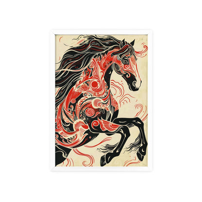 wild horse poster, animal art, bold design, black and red, wildlife decor, intricate patterns, majestic horse, nature illustration, wall art, dynamic artwork