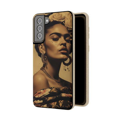 Biodegradable phone case with Frida Kahlo's Cancun 1927 portrait in vintage style.