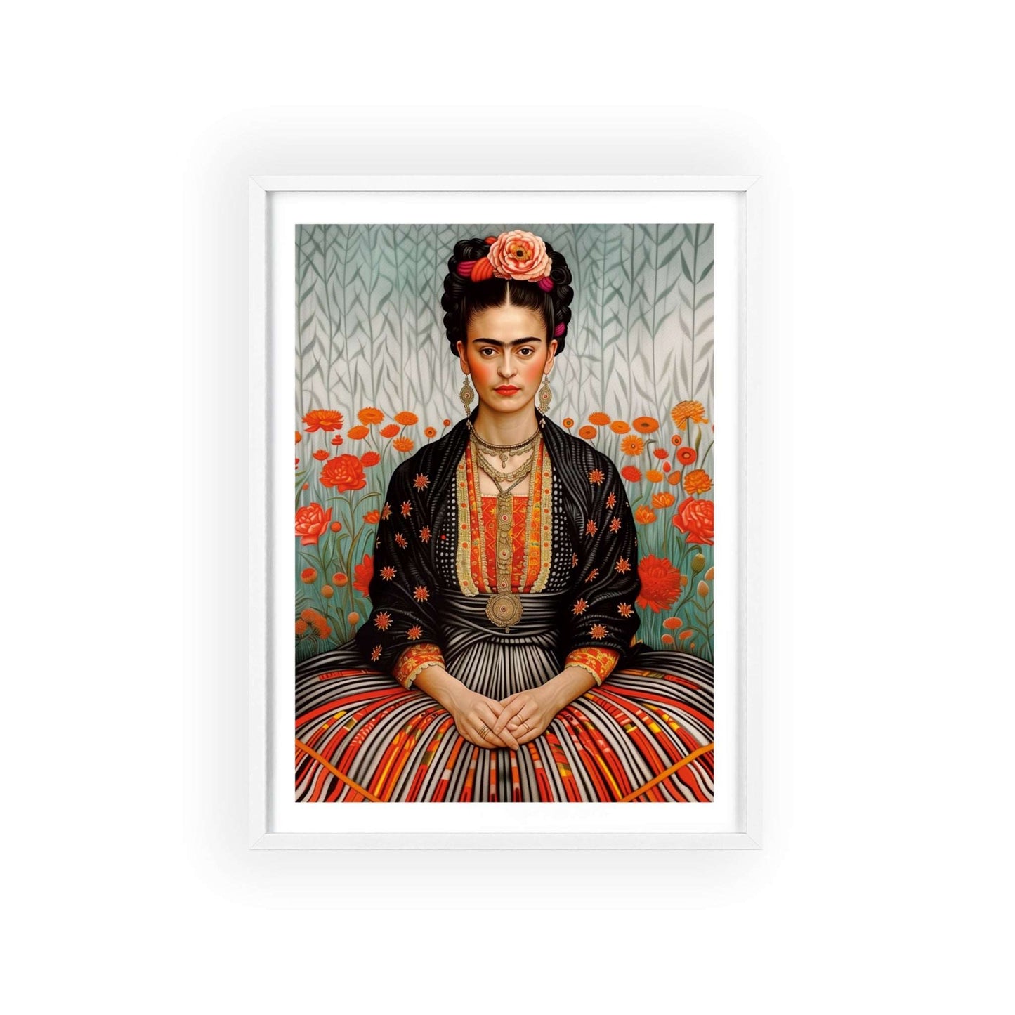 Minimalist poster featuring Frida Kahlo sitting in a field of flowers.  The poster is black and white, with a focus on Frida's powerful gaze and unibrow.  The poster is framed.