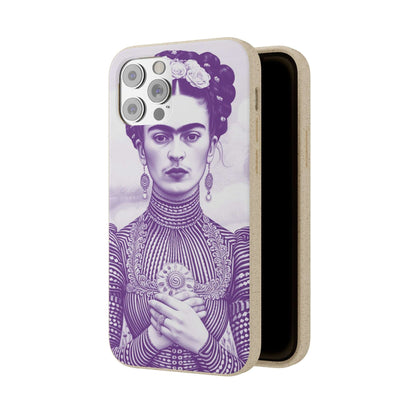 Stylish violet biodegradable phone case featuring an artistic portrait of Frida Kahlo.