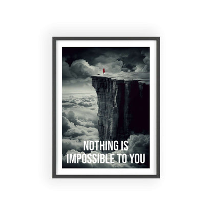 Surreal minimalist art print featuring a silhouette climbing a cliff, with Neville Goddard quote "Nothing is impossible to you"