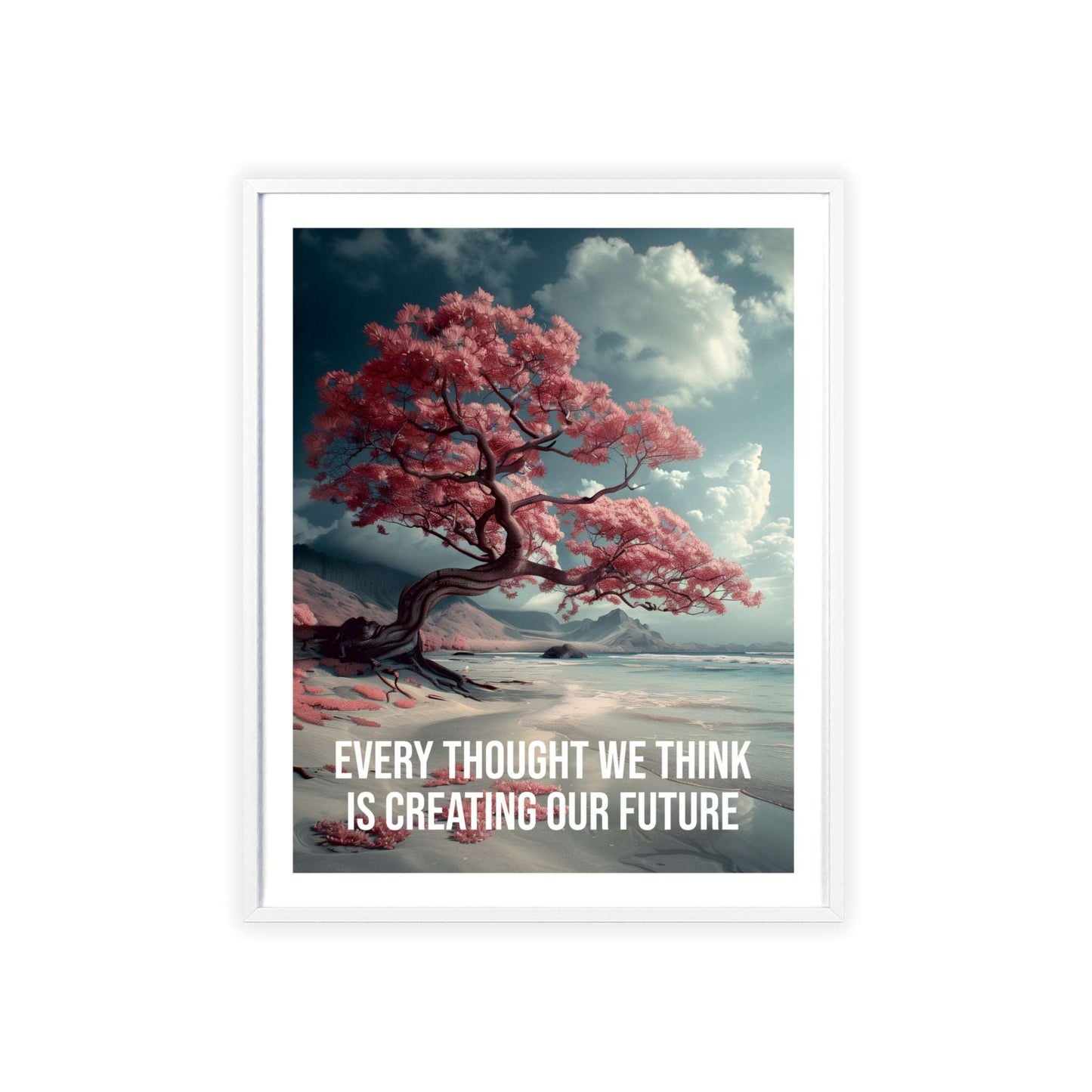 Surreal minimalist art print featuring a solitary tree on a lake shore, with Louise Hay quote "Every thought we think is creating our future"