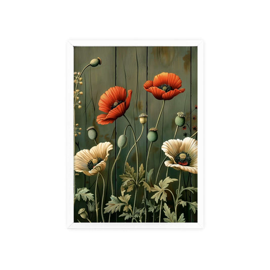 Vintage-style framed poster featuring vibrant red poppy blooms with delicate stems and leaves