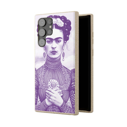 Stylish violet biodegradable phone case featuring an artistic portrait of Frida Kahlo.