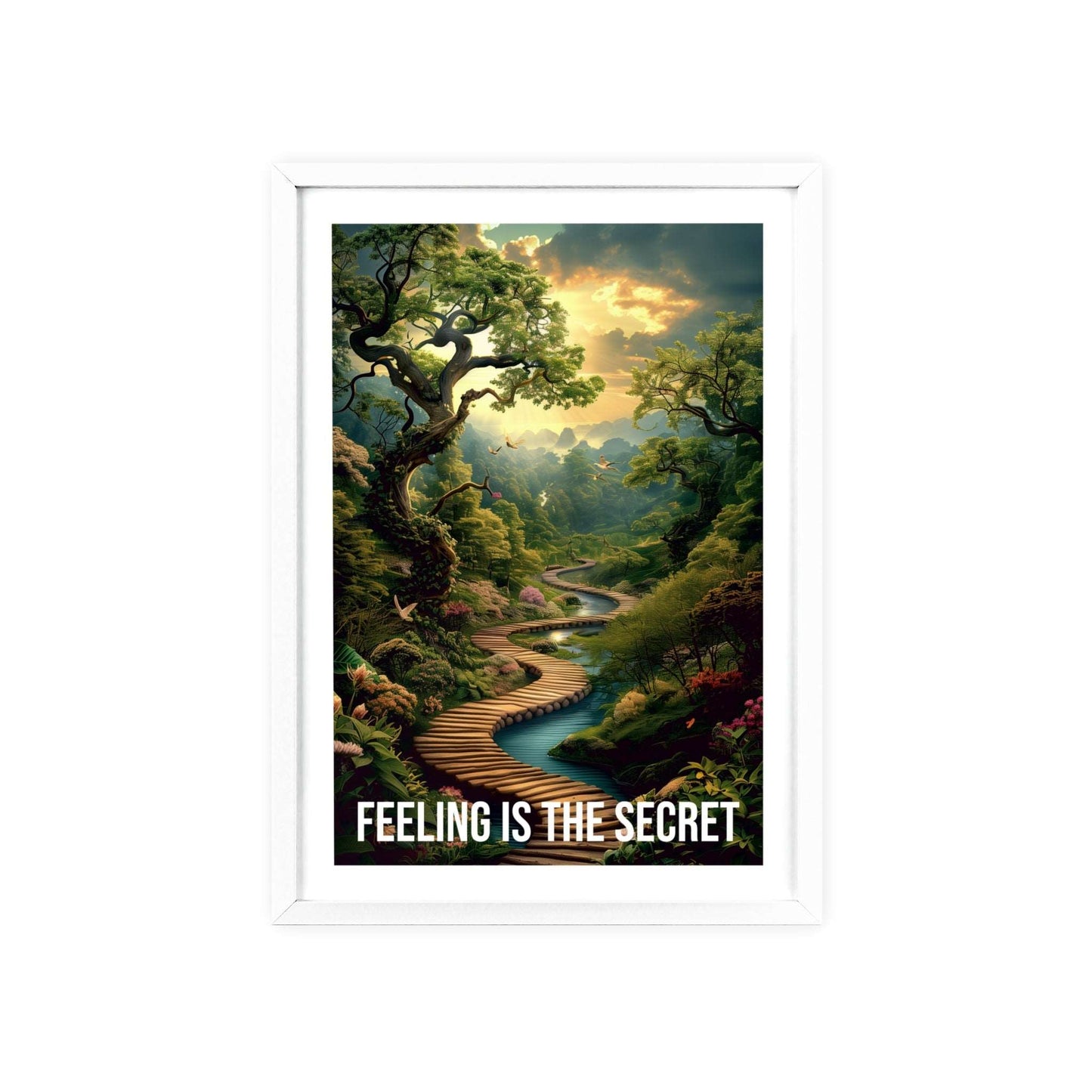 urreal minimalist art print featuring a winding forest path with sunbeams, and Neville Goddard quote "Feeling is the secret"