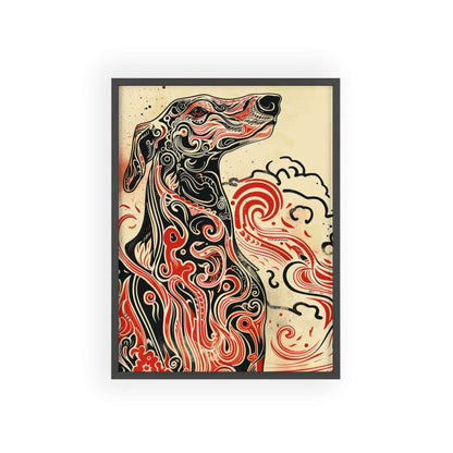 dog poster, animal art, bold design, black and red, wildlife decor, intricate patterns, majestic dog, nature illustration, wall art, dynamic artwork