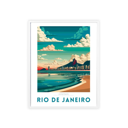 Travel poster of Rio de Janeiro featuring iconic landmarks like Ipanema Beach, capturing the vibrant spirit and beauty of the city.