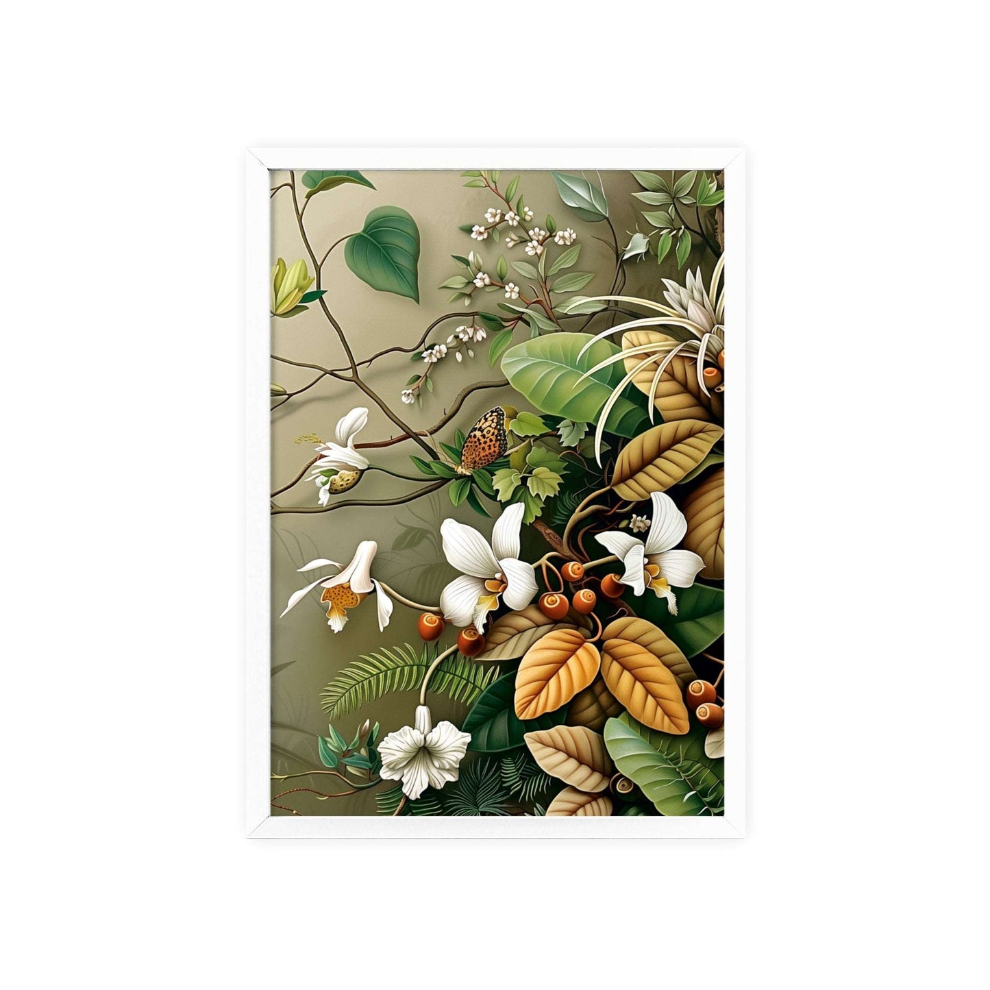 Vintage-style framed poster featuring intricate orchid blooms with delicate petals and stems