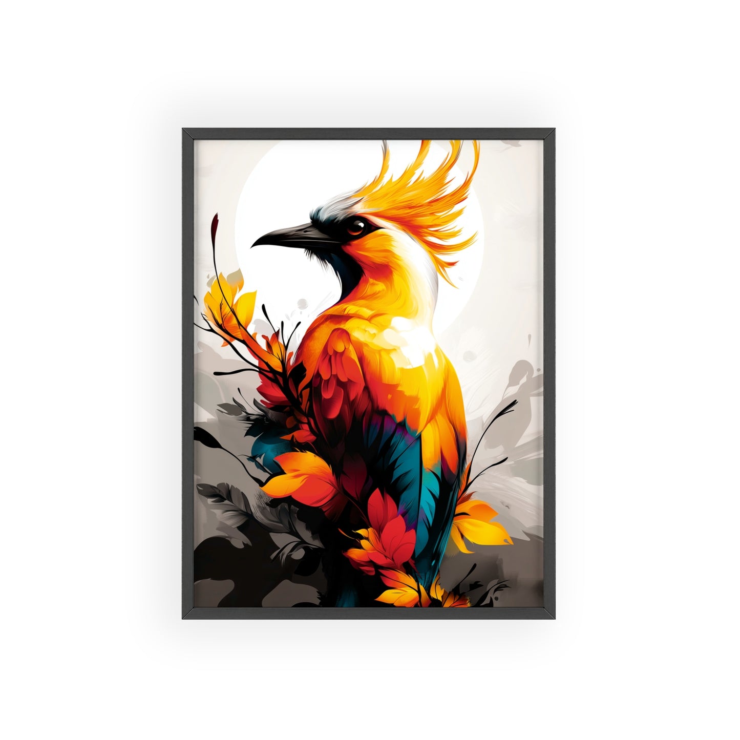 Striking digital illustration of a mystical hoopoe with abstract shapes and vibrant colors, featuring its distinctive crest, part of the Mystical Beasts Collection framed poster series.