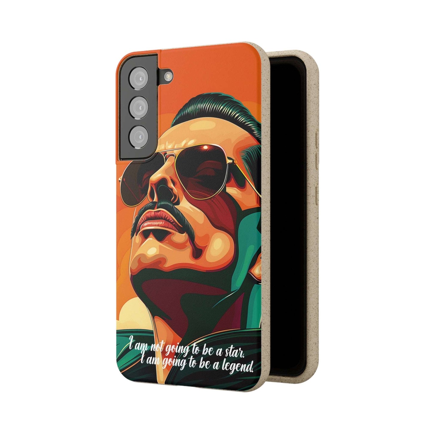 Biodegradable phone case with Freddie Mercury portrait and quote "I'm not going to be a star, I'm going to be a legend".