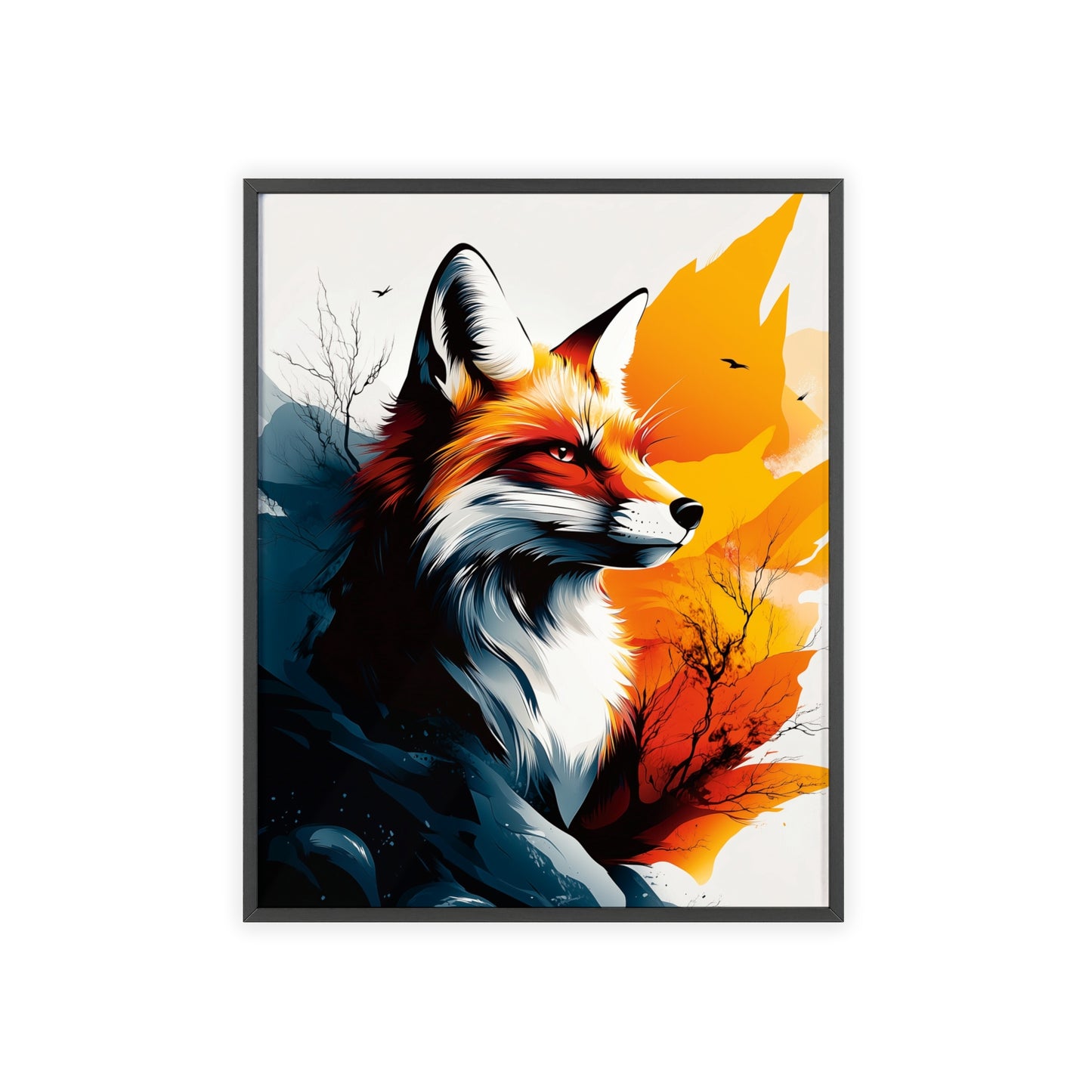 Vibrant digital illustration of a mystical fox featuring geometric shapes and bold colors, part of the Mystical Beasts Collection framed poster series.