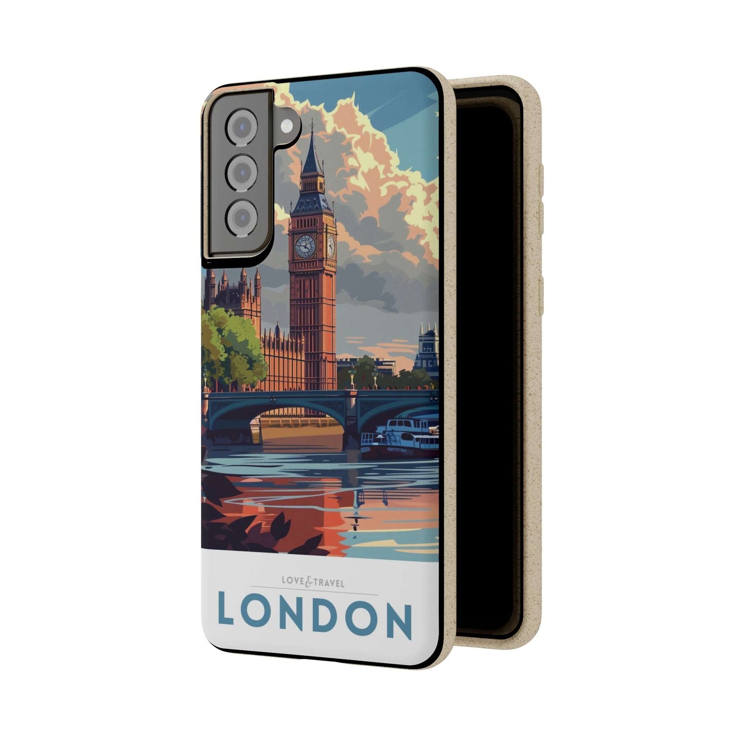 Stylish biodegradable phone case featuring a minimalist London-themed travel poster design.