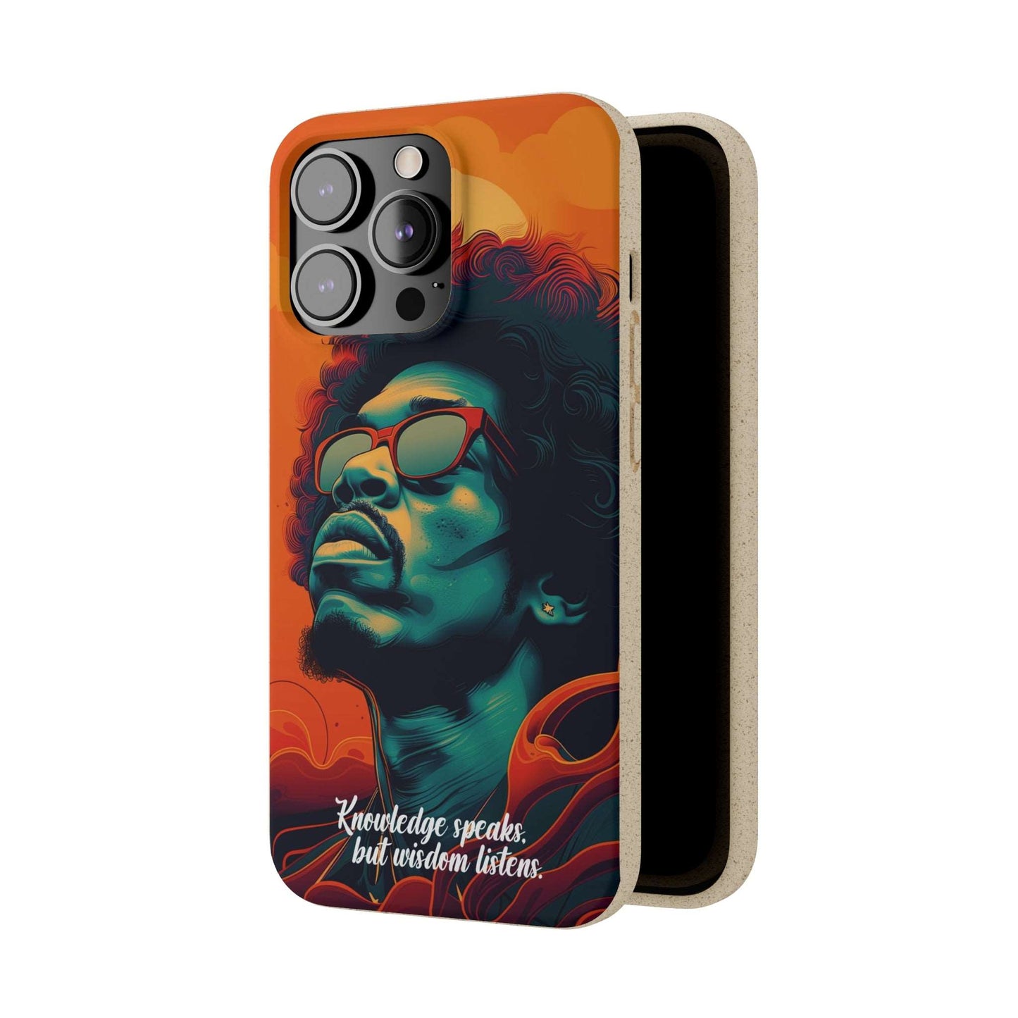 Stylish biodegradable phone case featuring Jimi Hendrix's quote "Knowledge speaks, but Wisdom listens" in an artistic design.