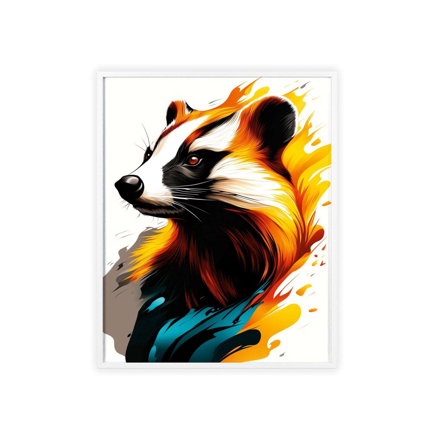 Colorful pop art-style poster of a badger with geometric shapes and vibrant hues from the Mystical Beasts Collection