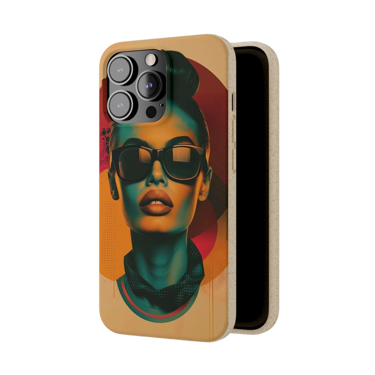 Madrid-themed phone case with a vibrant retro portrait design in biodegradable materials, compatible with iPhone and Samsung.