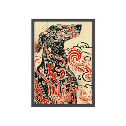 dog poster, animal art, bold design, black and red, wildlife decor, intricate patterns, majestic dog, nature illustration, wall art, dynamic artwork