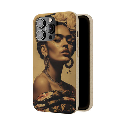 Biodegradable phone case with Frida Kahlo's Cancun 1927 portrait in vintage style.