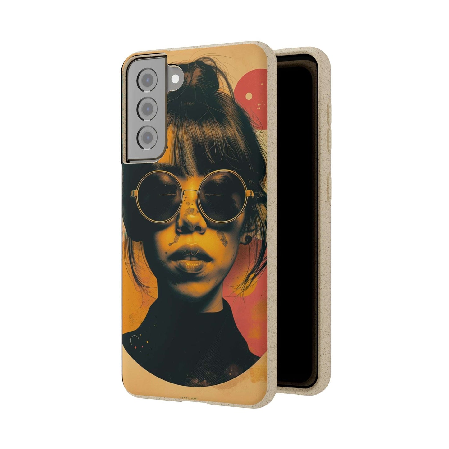 Tokyo-themed phone case featuring a retro portrait with neon colors, made from biodegradable materials, compatible with iPhone and Samsung.