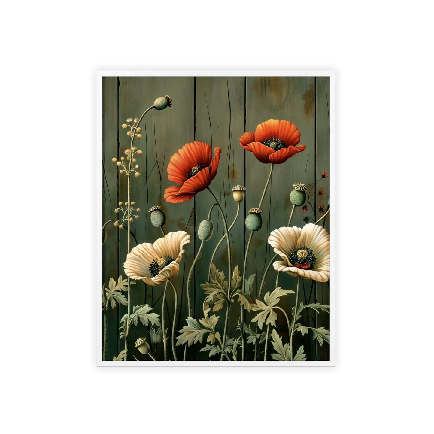 Vintage-style framed poster featuring vibrant red poppy blooms with delicate stems and leaves